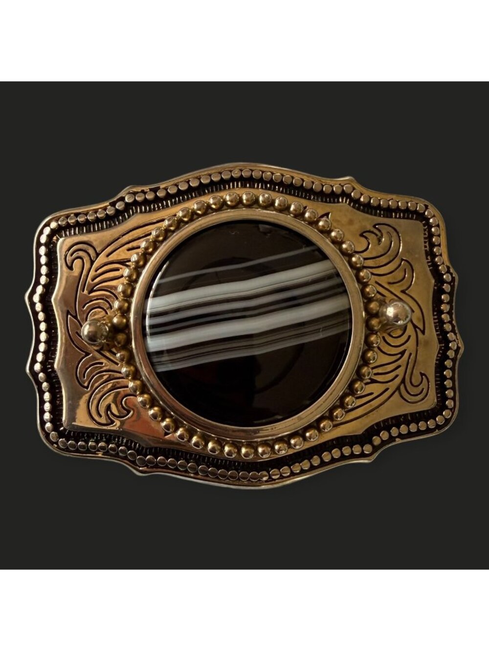 Vintage Western-Style Black Agate Stone Cabochon Silver Tone Ornate Belt Buckle